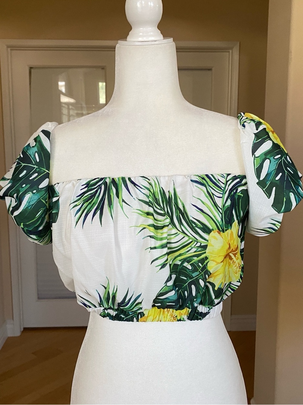 White Tropical Off-Shoulder Crop Top with Green & Yellow Floral Print